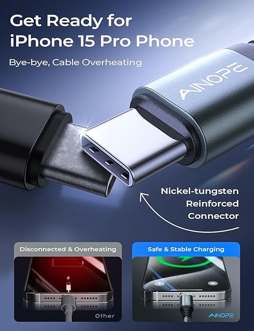 AINOPE USB C to USB C Cable, 1 FT USB C Cable Fast Charging with USB to USB C Adapter, 60W USB to USBC Cable for iPhone 17 Pro Max Air Type C Cable for iPhone 16/15/14/13/12, Grey