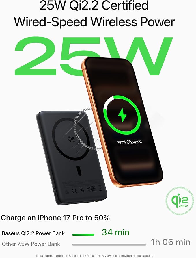 Baseus Qi2.2 25W Slim 10,000mAh Magnetic Portable Charger, Bundle 10000mAh Fast Charging Power Bank Built-in 45W Retractable USB-C Cable