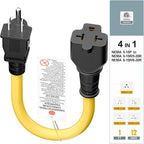 [4-in-1] 12AWG 15 Amp Household AC Plug to 20 Amp T Blade Adapter Cable, NEMA 5-15P to 5-15R/ 5-20R/ 6-15R/ 6-20R, 4 in 1 AC Adapter,15A 125V to 20A 250V Extension Cable, 1FT