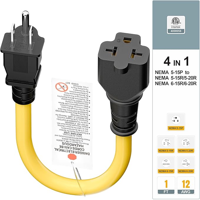 [4-in-1] 12AWG 15 Amp Household AC Plug to 20 Amp T Blade Adapter Cable, NEMA 5-15P to 5-15R/ 5-20R/ 6-15R/ 6-20R, 4 in 1 AC Adapter,15A 125V to 20A 250V Extension Cable, 1FT