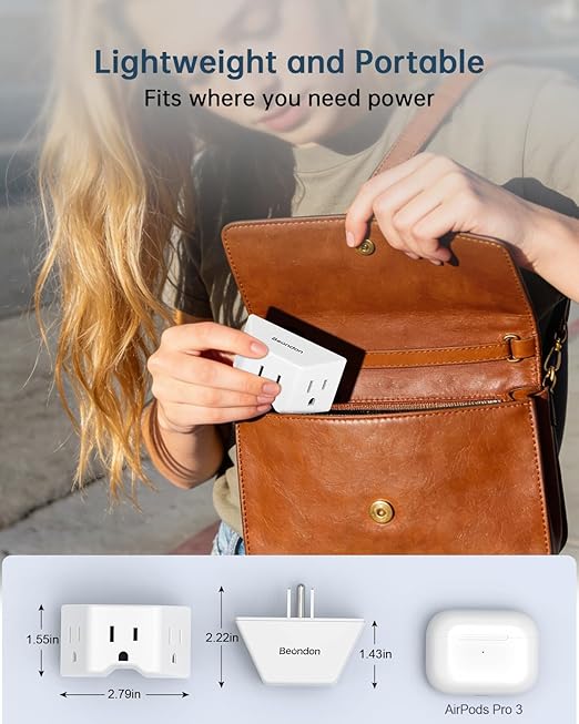 BEONDON Small Angled Outlet Extender, 3 Way Outlet Splitter Plug for Bathroom Kitchen and Other Tight Spaces, White, 1 Pack