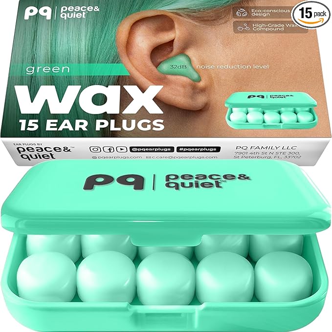 Peace&Quiet | PQ Wax Ear Plugs for Sleeping, Swimming - Soft Noise Cancelling Silicone Gel Wax Earplugs for Sleep and Swimmers, Ear Protection with Sound Blocking Level of 32 Db, Color: Green