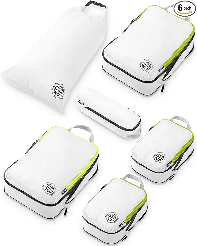 Compression Packing Cubes for Travel, 6-Piece Lightweight Packing Cubes Set for Carry-On Luggage & Backpacks – TRIPPED Travel Gear (White and Green)