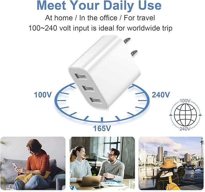 3 USB A Ports Charger Block，YTFCYIKBG Cell Phone wall Chargers，USB Cube wall Plug，for iPhone 14/13/12/11/X/XR/X/8/7/6, Galaxy, Android Phones and More（Ivory ）