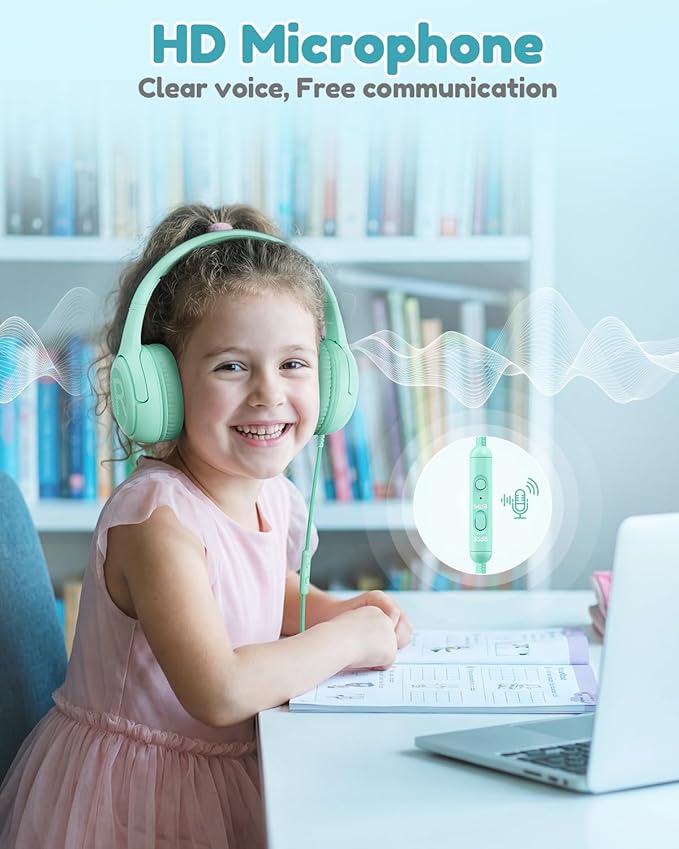 awatrue Kids Headphones for School Travel, 85/94dB Safe Volume Limit, 3.5mm Jack, HD Mic, Portable Wired Headphone with Shareport, Stereo Sound On-Ear Headphones for Toddler Kids Girls Boys Green