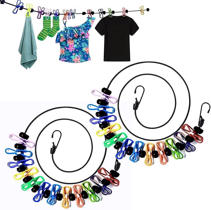 2 Pack Portable Clothesline with 12 Clothespins, Windproof Travel Clothesline Stretchy Retractable Elastic Laundry Clothes Line for Backyard, Vacation Hotel, Balcony Clothes Drying Line