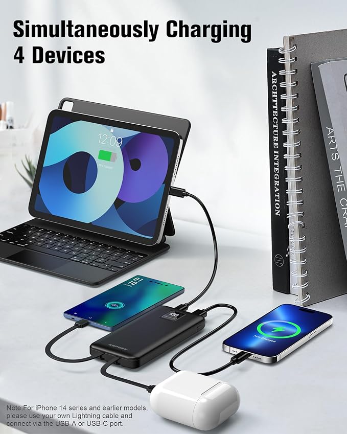 AsperX 2-Pack 10000mAh Portable Charger with Built-in Cables, USB C Travel Essential Battery Pack with 4 Outputs 2 Inputs,LED Display Power Bank with Cord Wires for iPhone Samsung Google Pixel iPad