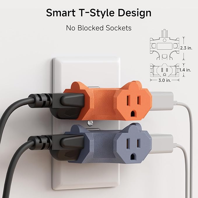 [ETL Listed] Cable Matters 3-Pack 3 Way Plug Adapter 15A 1875W, 3 Prong 3 Outlet Adapter, Power Splitter Plug Outlet, 3 Way Electrical Splitter, Multicolored (White, Gray, Orange)