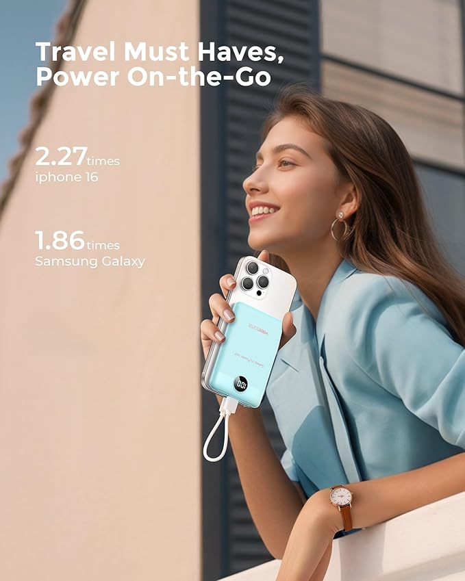 VEEKTOMX Small Portable Charger 10000mAh, Mini Power Bank 22.5W Fast Charging, Slim & Lightweight Travel Essentials, 3-Output External USB C Battery Pack Compatible with iPhone 17 16 15 (Cyan)