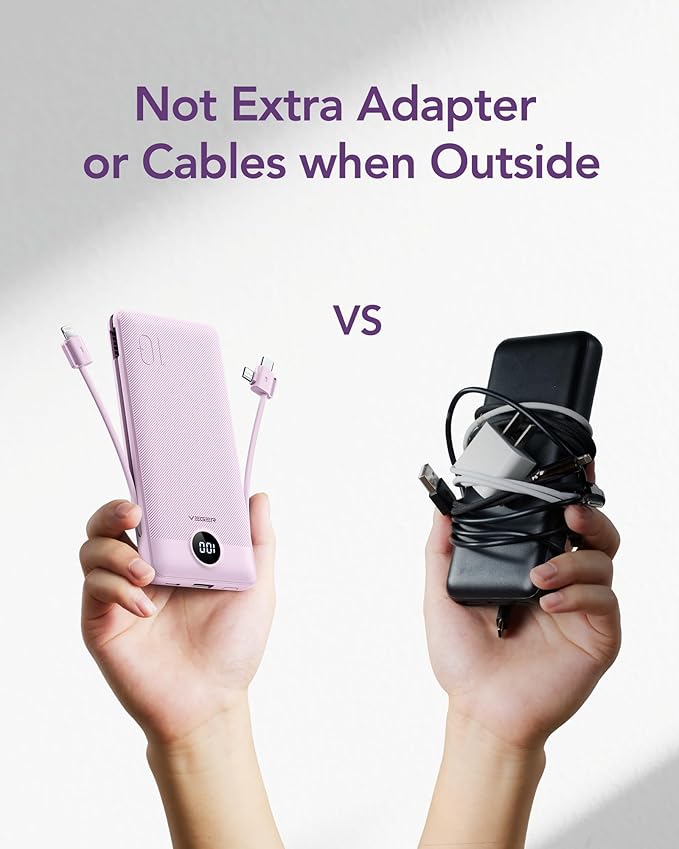 VEGER Portable Charger with Built-in AC Plug and Cables, All in One 10000mAh Ultra Slim Power Bank Travel Essentials, Fast Charging Battery Pack Compatible with iPhone, Samsung, Android (Purple)