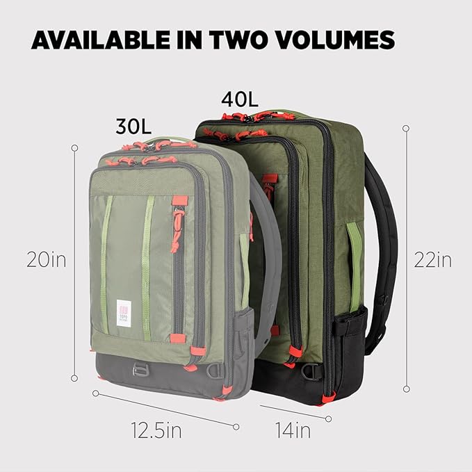 Topo Designs Global Travel Bag – 30L or 40L - Carry-On Compliant Most Airlines, Durable Travel Duffel Bag, Clam Shell Main Pocket, Laptop Sleeve, Backpack, Sling, Luggage (40L / Olive)