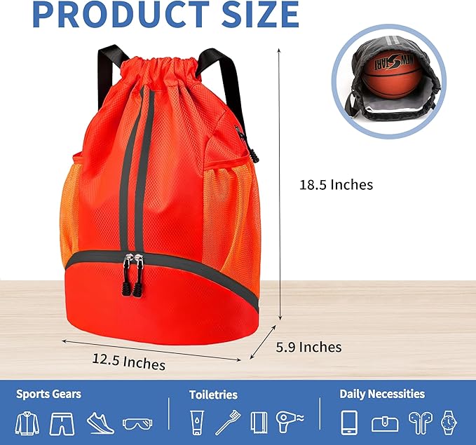 JELUTAR Drawstring Backpack Gym Bag with Shoes Compartment for Soccer, Basketball, Swim, Water-Resistant String Backpack Beach Cinch for Women Men, Red