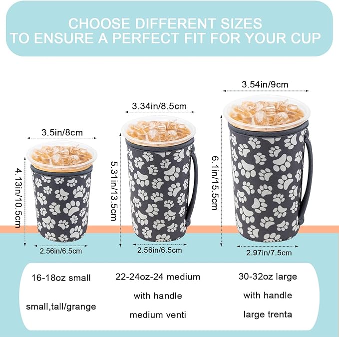 KJQJLY 3 Pack Reusable Iced Coffee Sleeves for Iced Coffee Cups or Drinks Reusable Neoprene Insulated Sleeves for Hot and Cold Drinks from Starbucks, Dunkin, And More (Paw Prints)