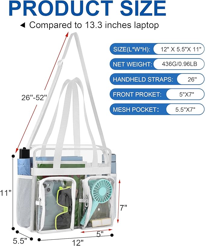 XCU Clear Bag for Stadium Events 12x6x12 Large Clear Tote Bag Transparent Lunch Bag Adjustable Straps for Concert Sports Work