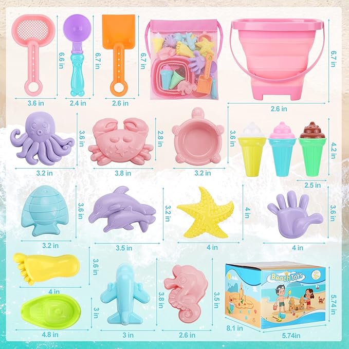 REZUCREY Beach Toys, Ice Cream Sand Toys for Toddlers, with Collapsible Bucket and Shovels for Kids with Bag, Travel Toys for Boys Baby Girls Age 3 4 5 6 7 8+