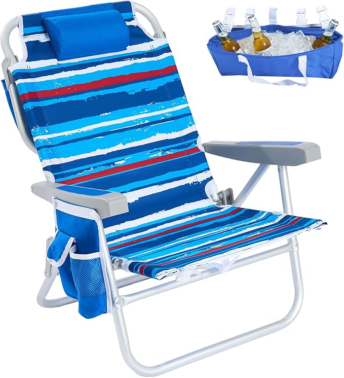 SUNNYFEEL Low Beach Chair 5 Position Lay Flat, Portable Folding Backpack Beach Chairs Heavy Duty with Cooler Bag, Cup Holder for Outdoor/Lawn/Picnic/Fishing, Foldable Camping Chair (New BlueStripe)
