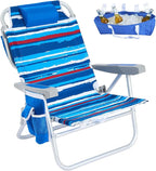 SUNNYFEEL Low Beach Chair 5 Position Lay Flat, Portable Folding Backpack Beach Chairs Heavy Duty with Cooler Bag, Cup Holder for Outdoor/Lawn/Picnic/Fishing, Foldable Camping Chair (New BlueStripe)