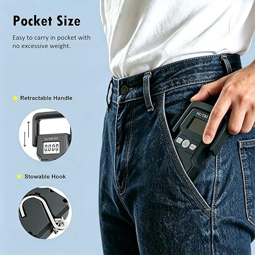 NUTRI FIT Luggage Weight Scale 110lb/50kg Hanging Luggage Scale for Suitcase with Comfortable Handle and Large Hook, Portable Fishing Scale, Backlit LCD for Travel with Measuring Tape