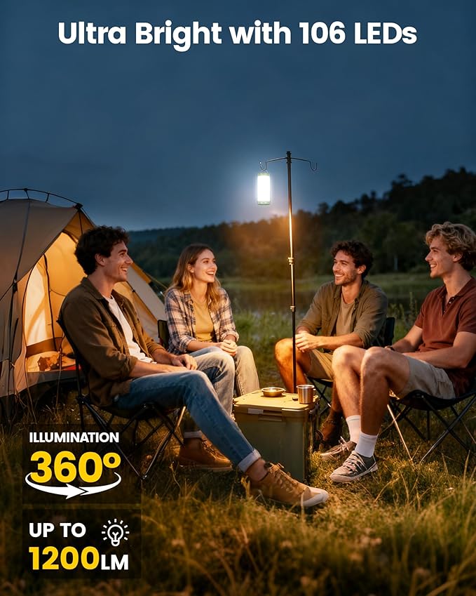 Glocusent 106 LED Camping Lights, Up to 80Hrs, 5000mAh Camping Lantern Rechargeable with 5 Brightness 3 Modes & SOS, IP68 Waterproof, Max 1200LM, Lanterns for Power Outages Hiking Emergency Hurricane