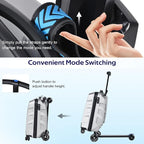 Scooter Suitcase for Kids & Adults，3-D Hardshell Ride On Scooter Luggage with Led Light Up Wheels，TSA Lock，Lightweight Foldable Carry On Rideable Suitcase for Children Teenagers (Silver, 21-inch)