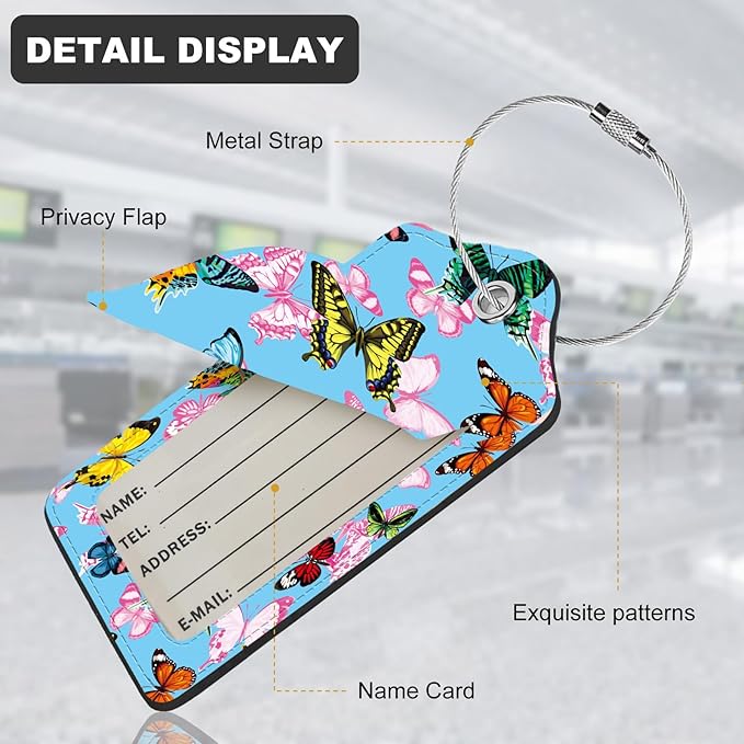 2Pack Luggage Tags for Suitcases, Cute Unique Pu Leather Cruise Luggage Tag with Privacy Cover ID Label Address Card and Metal Ring Suitable for Women Men Kids Travel Bag Pink Butterfly