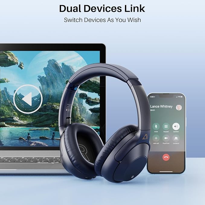 Bluetooth 5.2 Hybrid Active Noise Cancelling Headphones for Airplane Travel, 90H Playtime Wired and Wireless Over Ear ANC Headset for Adults, Android, Home Office, Blue