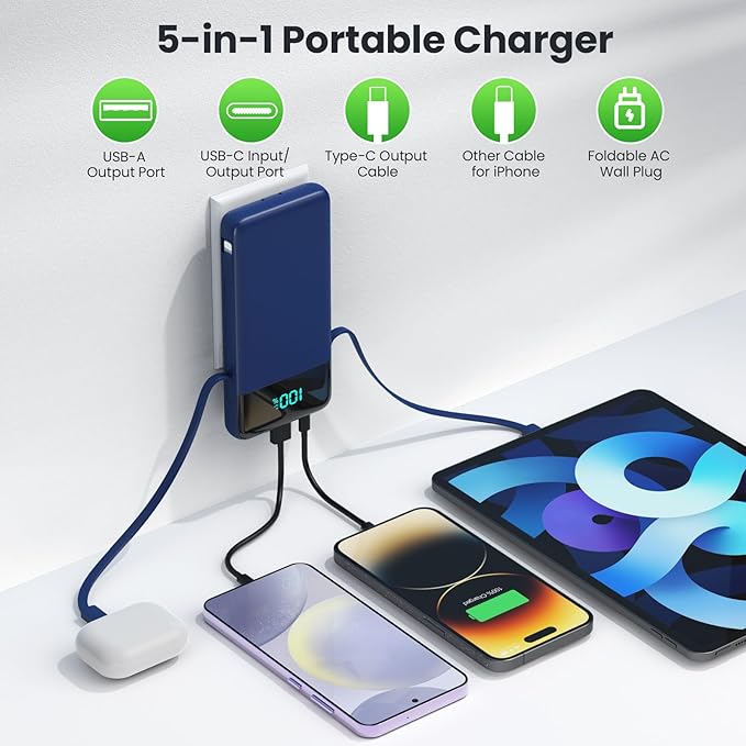 Portable Charger with Built-in AC Plug and Cables,13800mAh All in One USB C Fast Charging Power Bank,Travel Essentials Portable Phone Charger Battery Pack for iPhone 17/16/14,Galaxy,Android-Dark Blue