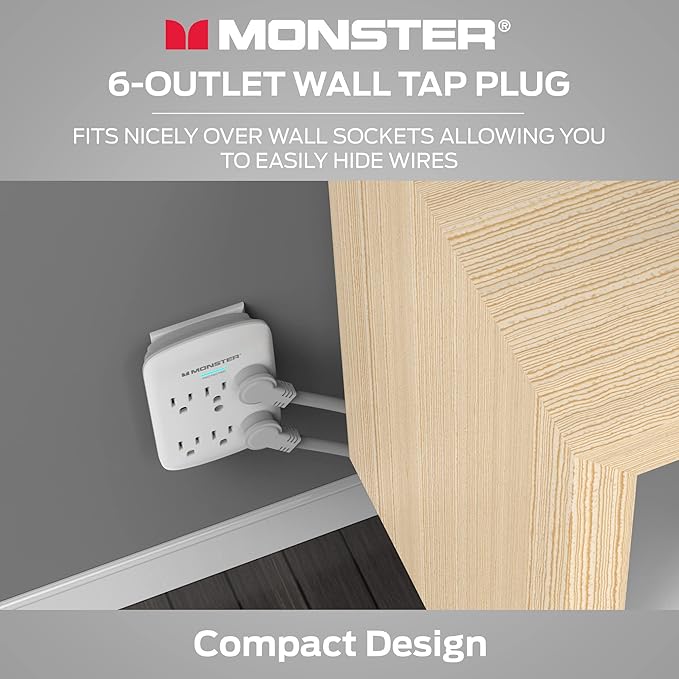 Monster 5000W Surge Protector Power Strip, 6 Outlets, 120V, 300 Joules Surge Protection, Safe, Reliable Outlet Extender, White