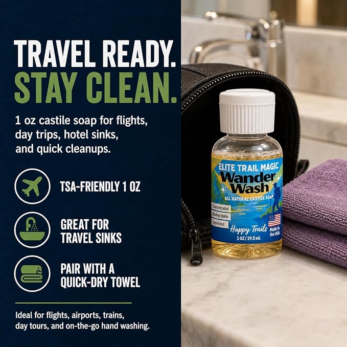 Elite Trail Magic- Wander Wash Biodegradable Castile Camp Soap – Ultralight 1 oz Concentrated Liquid Soap for Camping- Dish Wash Station-Travel & Backpacking – All Purpose, Unscented