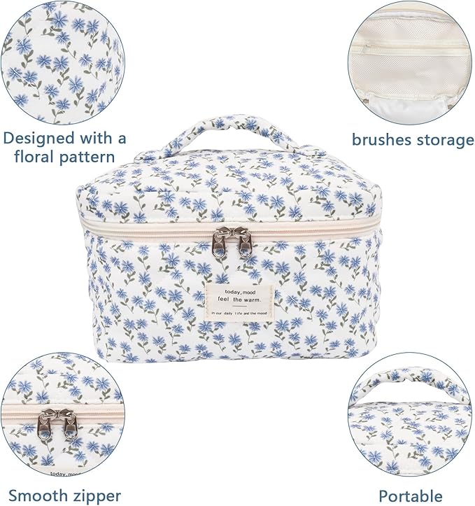 Gosect Large Makeup Bag, Cute Cosmetic Bag for Women Girls, Floral Coquette Aesthetic Toiletry Bag, Travel Make Up Organizer Bag (Blue Peacock Flower)