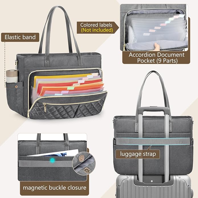 RAINSMORE Teacher Tote Bag 15.6 Inch Laptop Bag for Women Work Bag with Large Cup Holder Nurse Bag Computer Tote Handbag