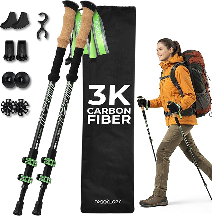 Trekology 3K Carbon Fiber Trekking Poles (210g) - Pair of Ultralight Hiking Poles with Cork Grips, Collapsible Telescopic Walking Sticks, Metal Flip-Locks & 10pc All-Terrain Accessory Kit