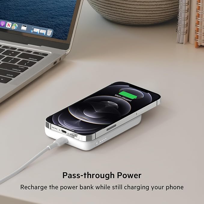 Belkin Portable Charger, MagSafe Charger Wireless Power Bank - 7.5W Wireless Charger - Portable Magnetic Battery Pack - iPhone 16, 15, 14, 13, Plus, Pro, Max, AirPods, Google Pixel 10, etc. - White