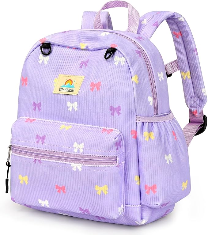 STEAMEDBUN Corduroy Toddler Backpack for Girls 2-4: Kids backpack for Girls - 12 inch Preschool Kindergarten Backpacks - Purple Bow
