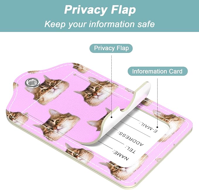 Rimilak 3 Pcs PU Leather Luggage Tags for Suitcase, Travel Cruise Luggage Tag with Privacy Flap, Name ID Label and Metal Loop for Women Men Baggage Handbag School Bag Backpack, Cute Cat