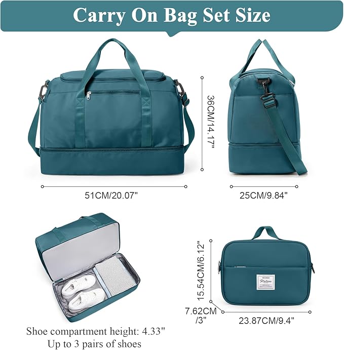 Large Travel Duffle Bag,Carry on Overnight Weekend Bag with Shoes Compartment,Weekender Bags for Women for Travel Business Trips Sport Hospital,2Pcs,Peacock Blue