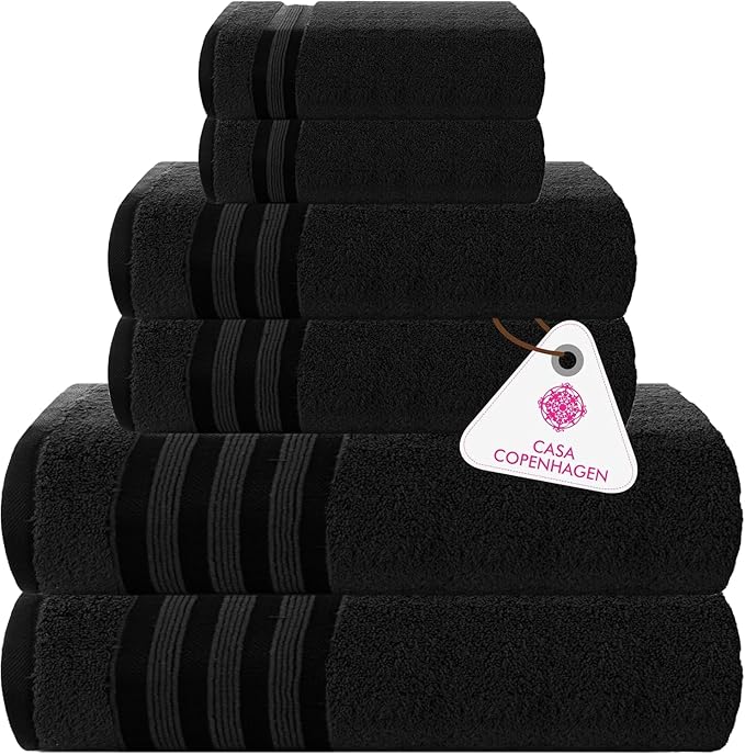 CASA COPENHAGEN Zero Twist 6Pcs 100% Egyptian Cotton Large Designer Towels Gift Set- Dark Black, 600 GSM, 2Bath 2Hand 2Washcloths, Bath Towels for Bathroom Set for Women & Men