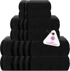 CASA COPENHAGEN Zero Twist 6Pcs 100% Egyptian Cotton Large Designer Towels Gift Set- Jet Black, 600 GSM, 2Bath 2Hand 2Washcloths, Bath Towels for Bathroom Set for Women & Men