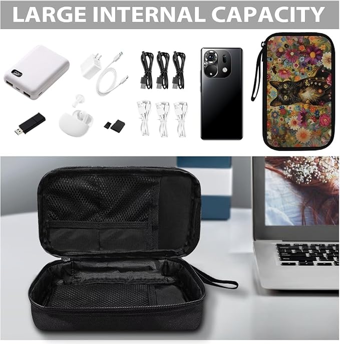 Black Cat Cable Organizer Bag Tech Pouch Portable Electronics Organizer Travel Case for Phone Power Bank SD Card Electronic Accessories Carry Case