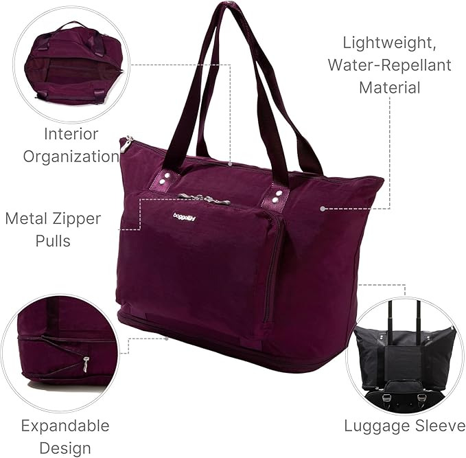 Baggallini Carryall Expandable Lightweight Travel Tote 22" Packable Folding Compact Nylon Washable Weekender w/Luggage Sleeve
