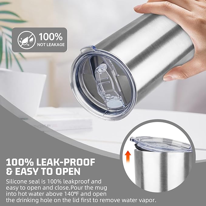 20 oz Tumbler with Lids and Straws, Stainless Steel Insulated Travel Coffee Mug, Double Wall Vacuum Insulated Tumblers, Powder Coated Coffee Tumbler for Cold & Hot Drinks (Silver)
