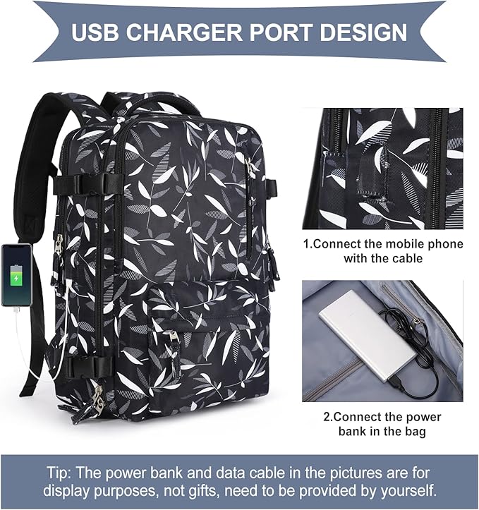 WONHOX Large Travel Backpack Women, Carry On Backpack,Hiking Backpack Waterproof Outdoor Sports Rucksack Casual Daypack Fit 14 Inch Laptop with USB Charging Port Shoes Compartment, Leaves Black