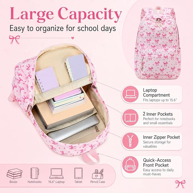 LOIDOU Backpack for Girls School Backpacks Bookbags for Elementary Middle School Women Laptop Backpacks (Pink bow-215, L-17)