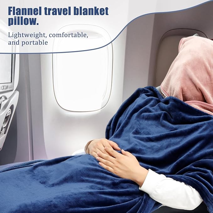 Travel Blanket, 2 in 1 Soft Flannel Airplane Blanket Warm Travel Blanket Pillow with Luggage Strap and Buckle, Portable Compact Flight Blanket for Cars Airplanes Camping 63x39 Inch (Navy)