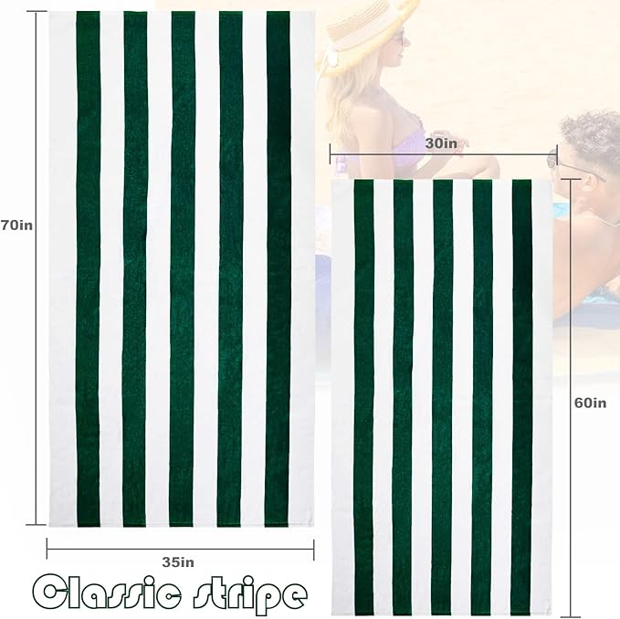 Exclusivo Mezcla 2 Pack Cotton Oversized 35x70 Inches Cabana Stripe Beach Towels, Super Absorbent Soft Plush Pool Bath Towel (Dark Green)