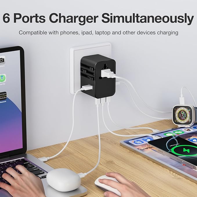 45W Universal Travel Adapter – Compact Plug with 3 USB-C & 2 USB-A Ports for EU/UK/US/AU, International Power Adapter Worldwide Charger, CE/FCC/RoHS Certified (Blue)