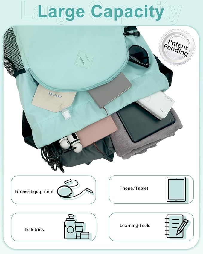 RHDZO Drawstring Backpack Gym Backpack with Shoe Compartment for Men Women String Sports Bag with Wet Pocket Cinch Swim Beach Bag, Large Mint Green