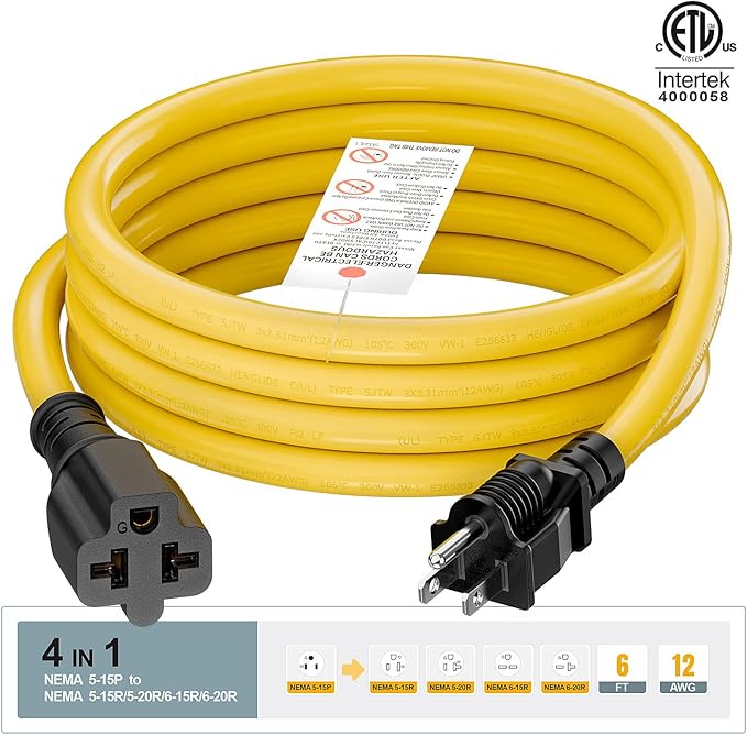 [6-Feet] NEMA 5-15P to 5-15R/ 5-20R/ 6-15R/ 6-20R AC Adapter, Plugrand 12AWG 15 Amp Household AC Plug to 20 Amp T Blade Adapter Cable, 15A 125V to 20A 250V Extension Cable, 6FT