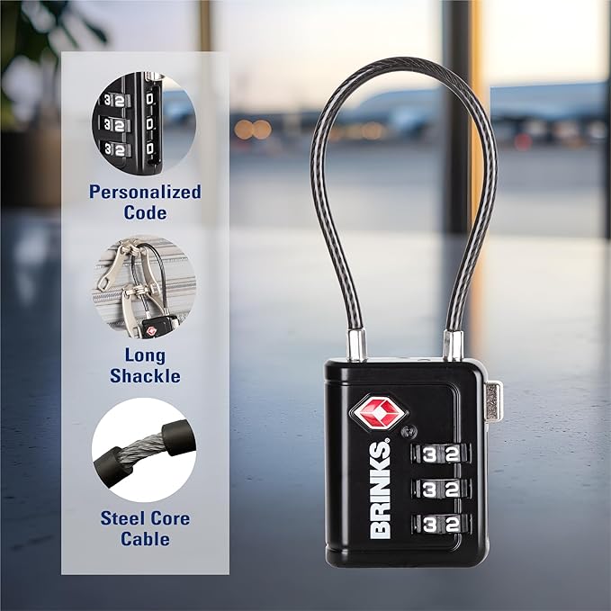 Brinks TSA Accepted Indicator Luggage Lock, Black - Resettable 3-Dial Combination, 2.5 inch Long Cable Shackle, New More Secure TSA008 Key, 4 Pack