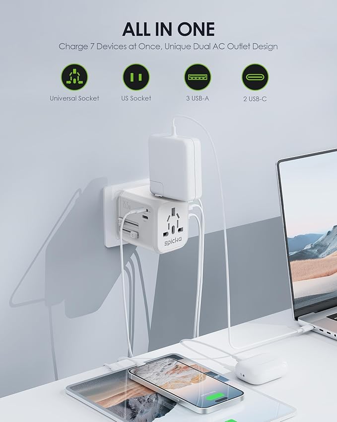 EPICKA 35W Universal Travel Adapter with 2 AC Outlet, European Travel Plug Adapter with PD Fast Charging, 6-Port (2 AC/2 USB-C/3 USB-A) International Power Adapter - Travel Essentials (TA-205, White)